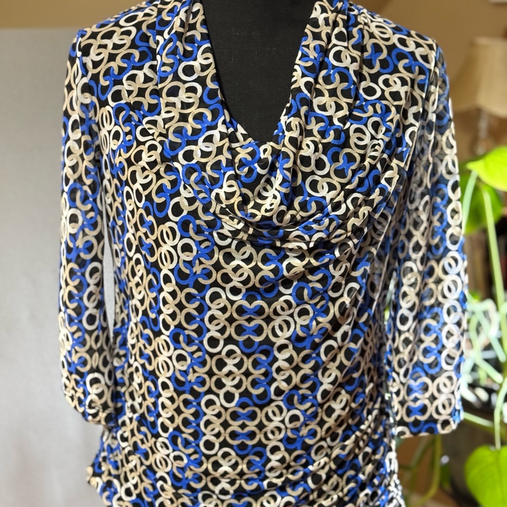Dana Buchman Black, Blue, and White Patterned Blouse